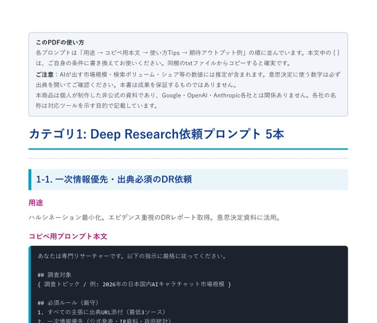 Claude Code 実践プロンプト集2026(全35本) | 中のページ(このPDFの使い方/カテゴリ1 Deep Research依頼プロンプト5本)