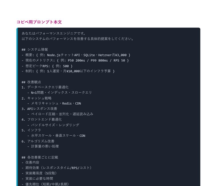 Claude Code 実践プロンプト集2026(全35本) | 中のページ(コピペ用プロンプト本文・パフォーマンス改善)